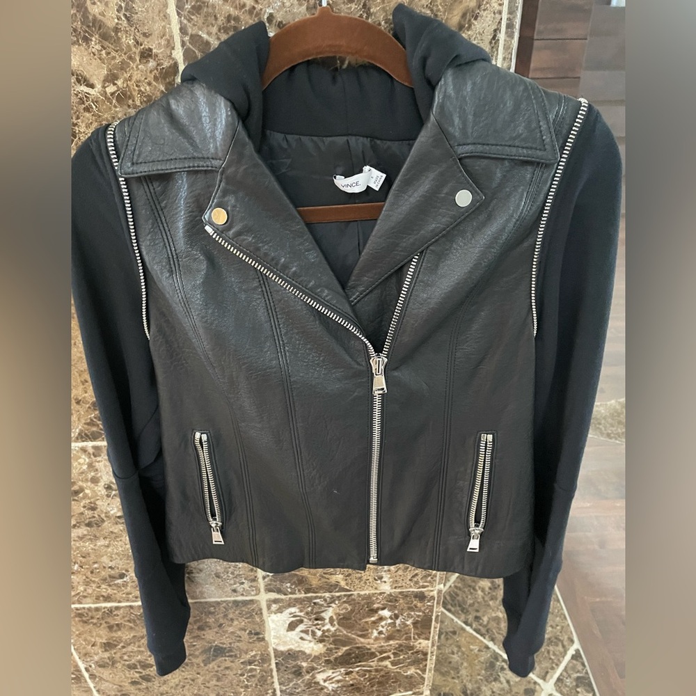 Vince Black Hooded Leather Jacket Size S